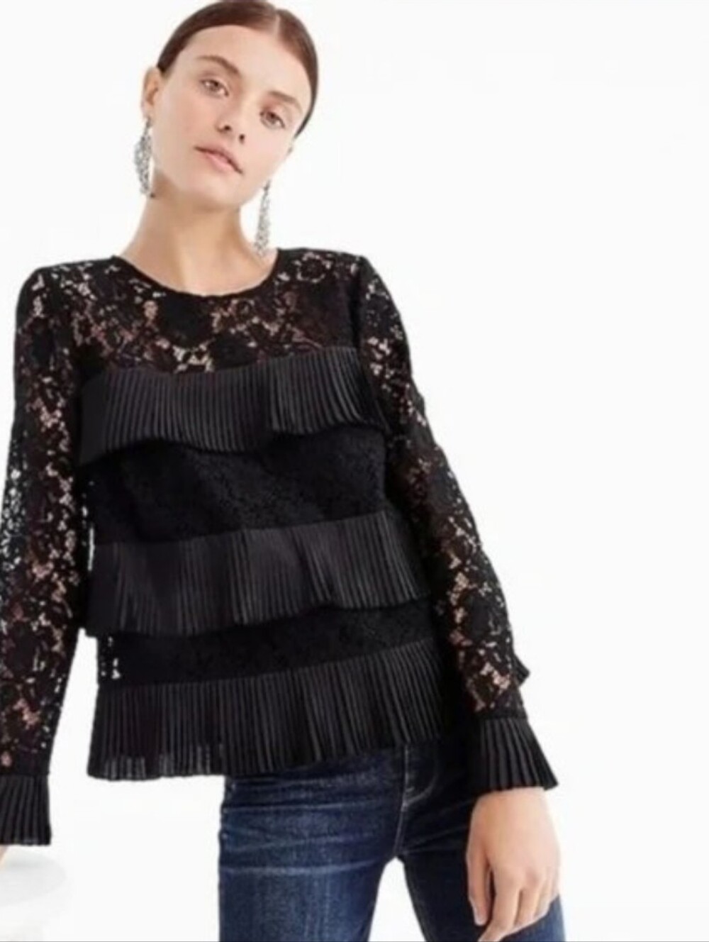 J.Crew Tiered Ruffle Lace Long Sleeves Black Blouse Top Women's Size 10